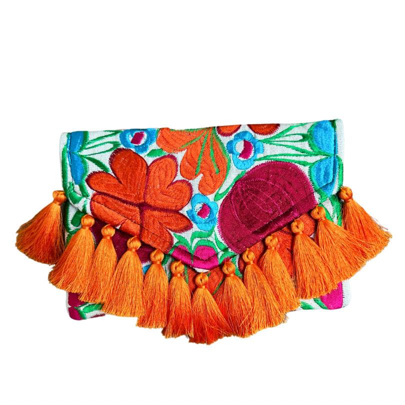 Embroidered Clutch - Luxe Tassels - Naranja Dulce