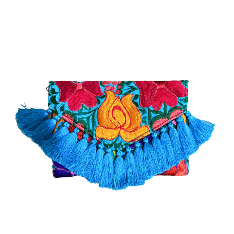 Embroidered Clutch - Luxe Tassels - Azul Mexicano