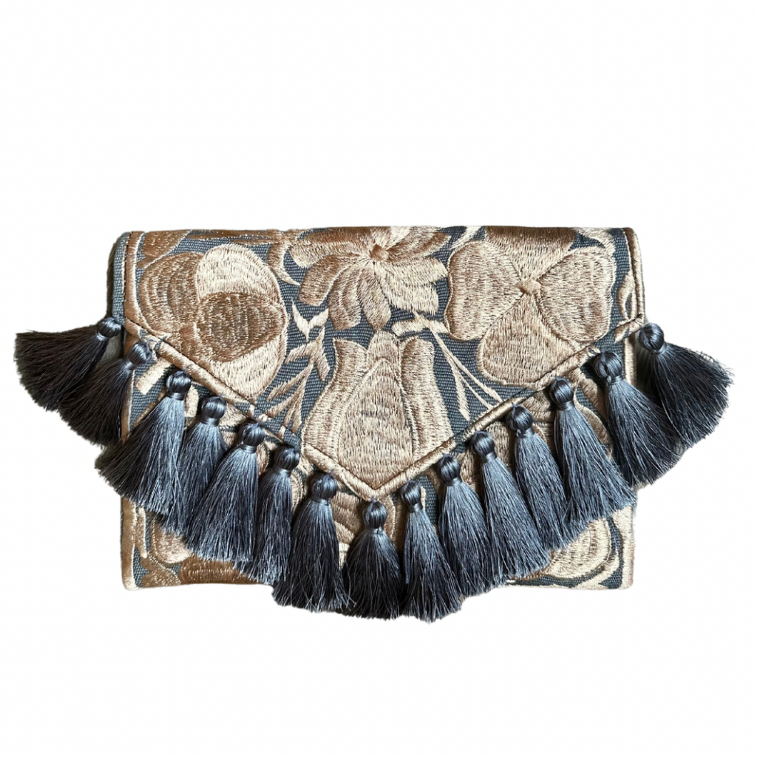 Embroidered Clutch - Luxe Tassels - Slate + Sand