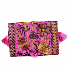 Load image into Gallery viewer, Embroidered Clutch - Luxe Tassels - Pink + Gold + Brown
