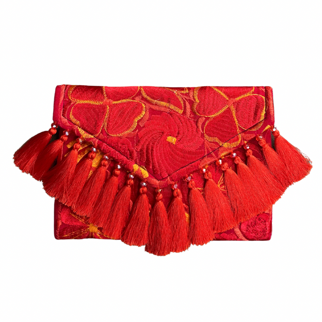 Embroidered Clutch - Luxe Tassels and Beads - Fuego