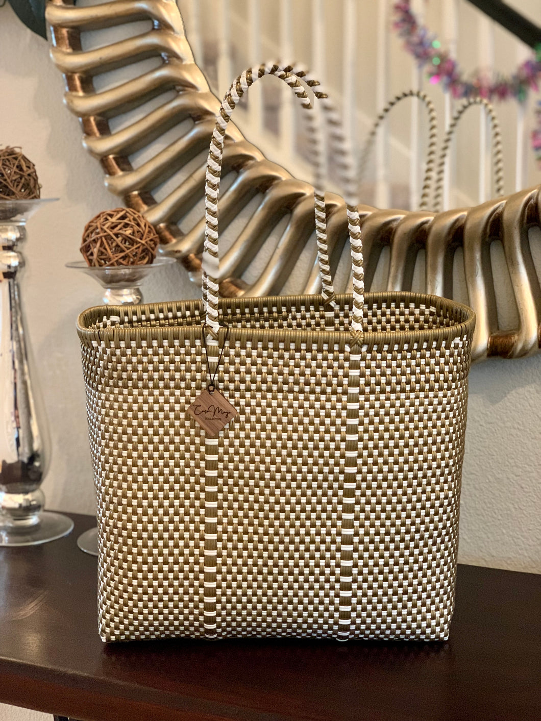Large Tote - Gold + White Checkers