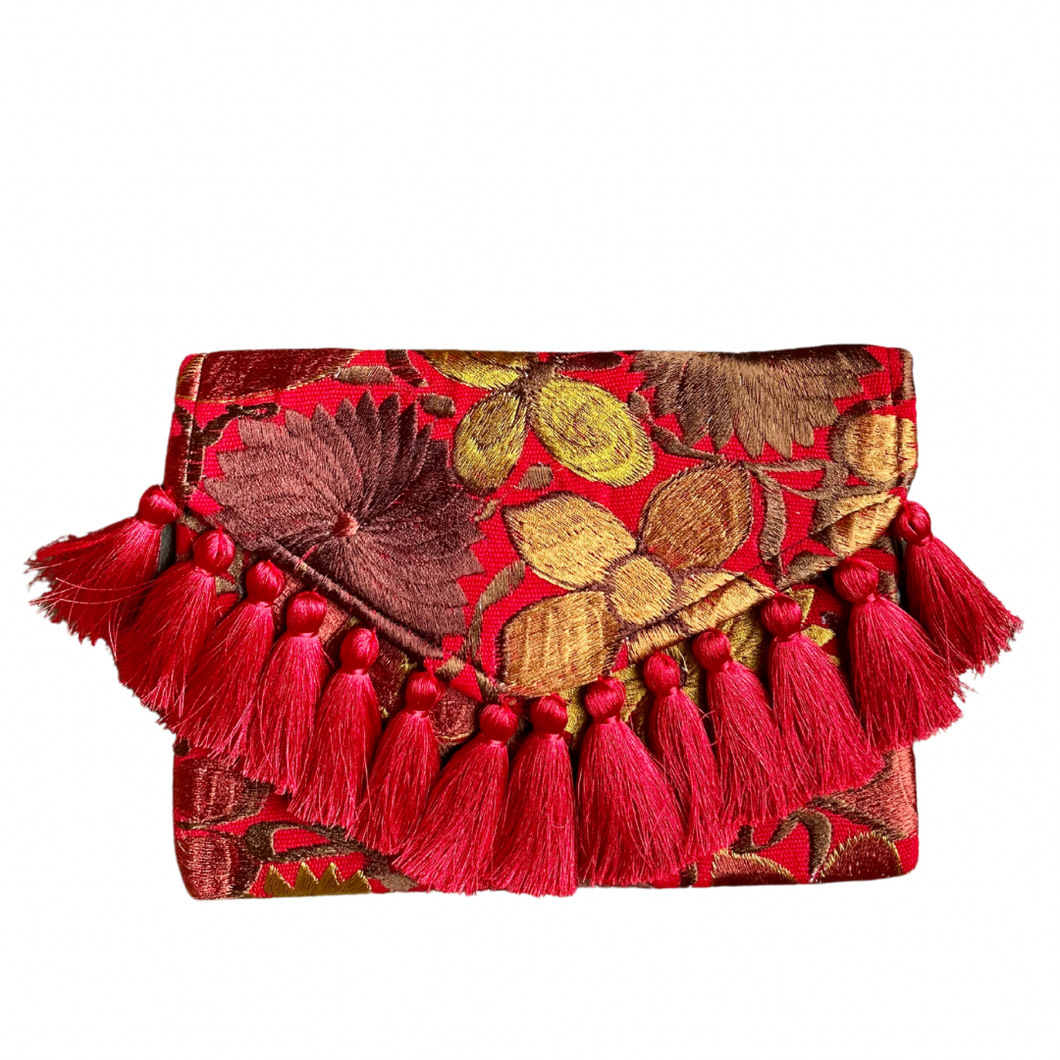 Embroidered Clutch - Luxe Tassels - Ruby + Espresso