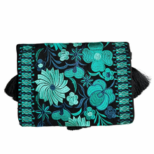 Load image into Gallery viewer, Embroidered Clutch - Luxe Tassels and Beads - Black + Emerald + Teal
