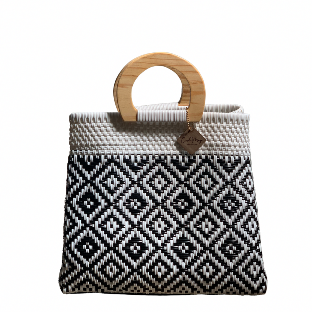 Wooden Handle Tote - B + W