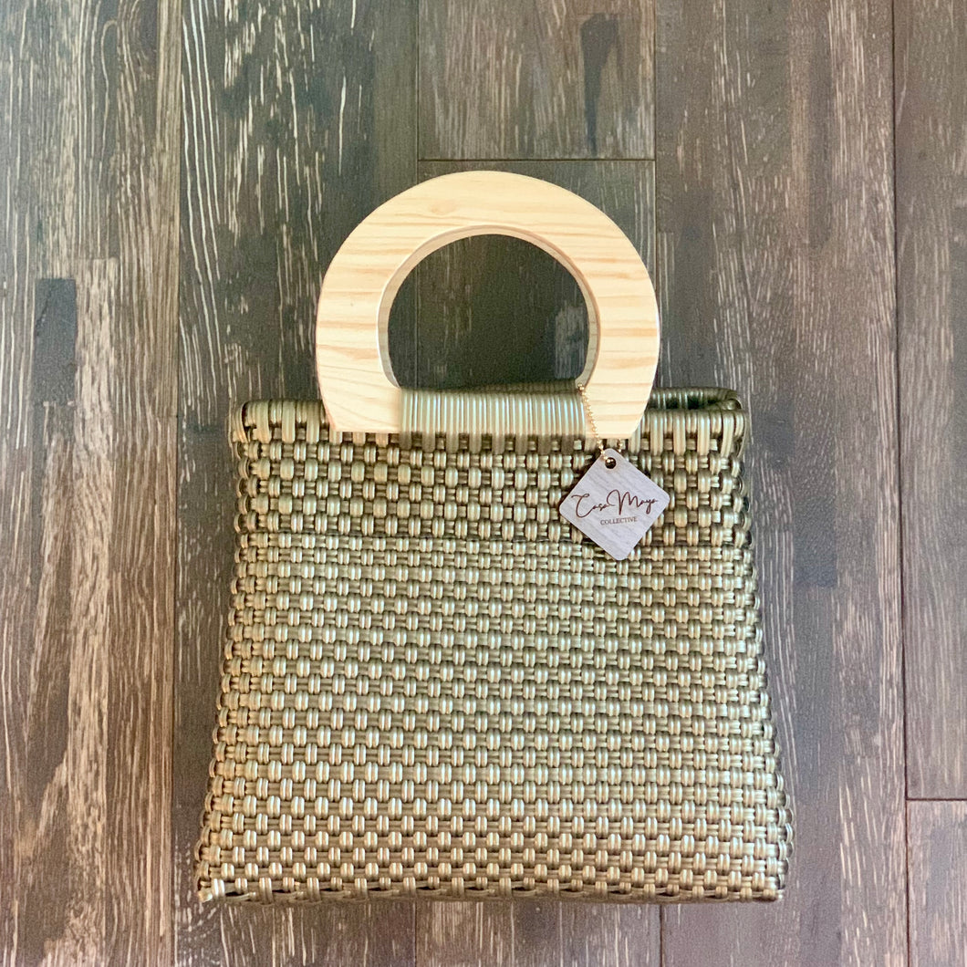 Round Wooden Handle Tote MINI - Gold