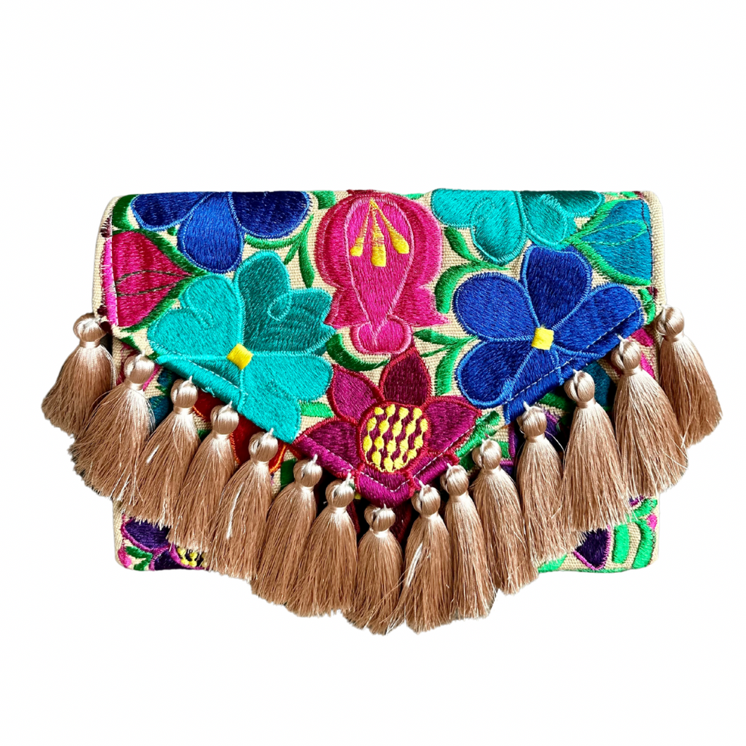 Embroidered Clutch - Luxe Tassels - Sand Multicolor