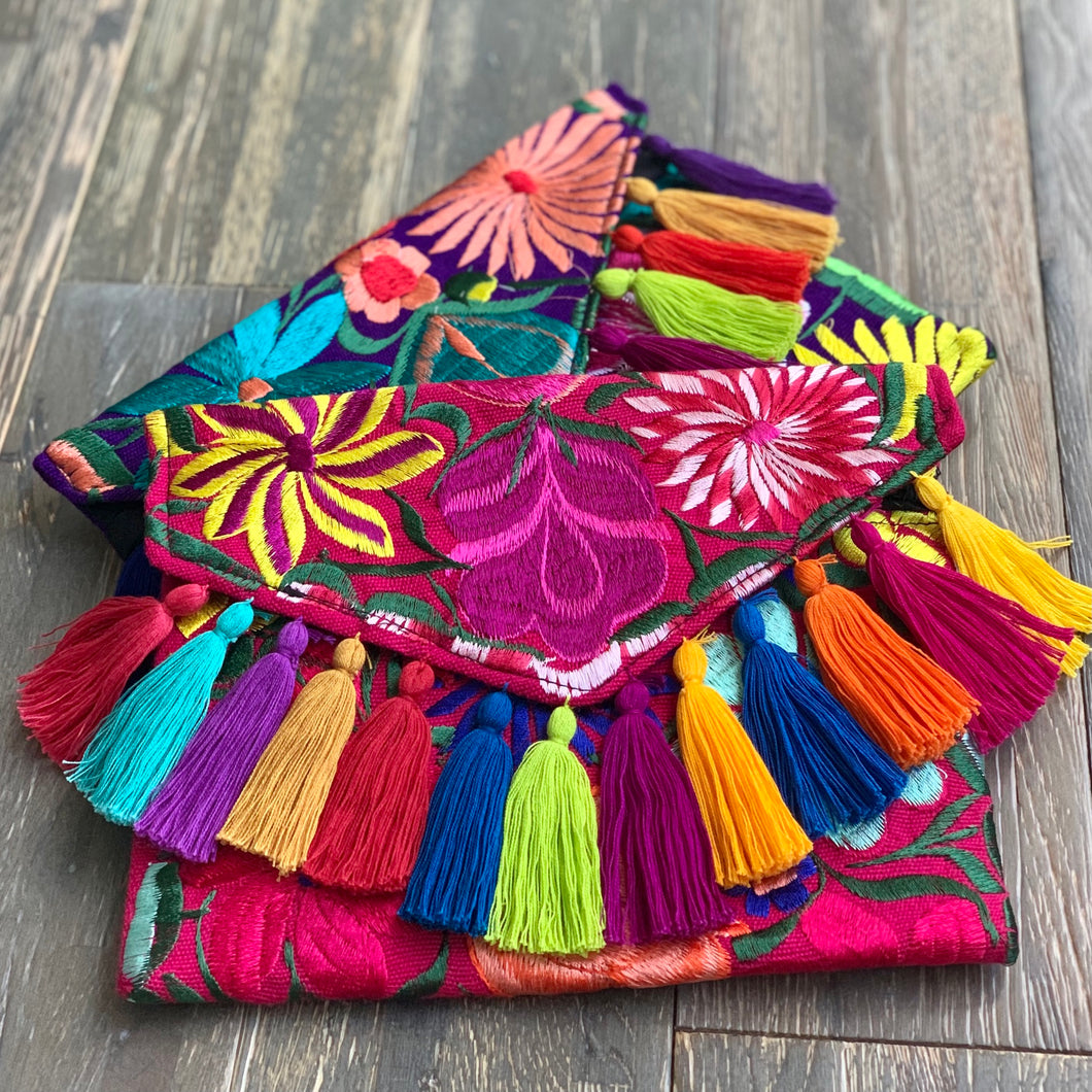 Embroidered Clutch with Tassels - PINK + PURPLE Multicolor