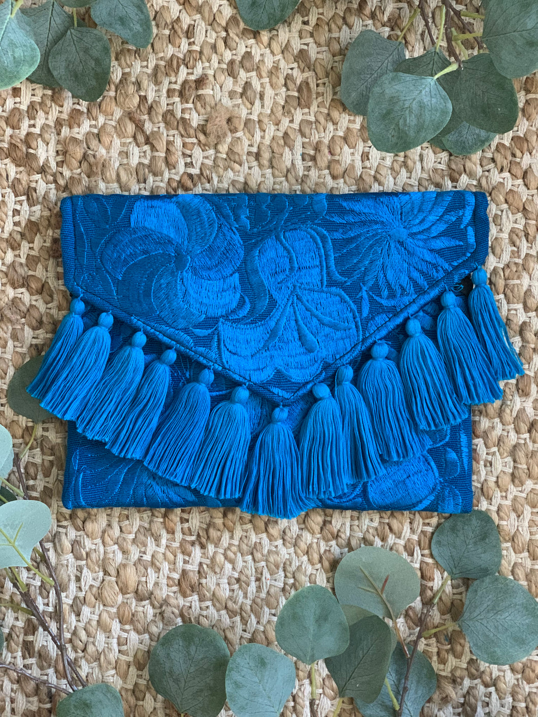 Embroidered Envelope Clutch with Tassels - Sapphire