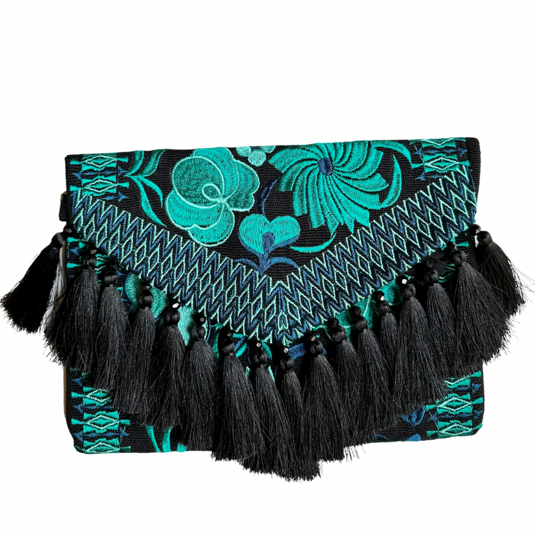 Embroidered Clutch - Luxe Tassels and Beads - Black + Emerald + Teal