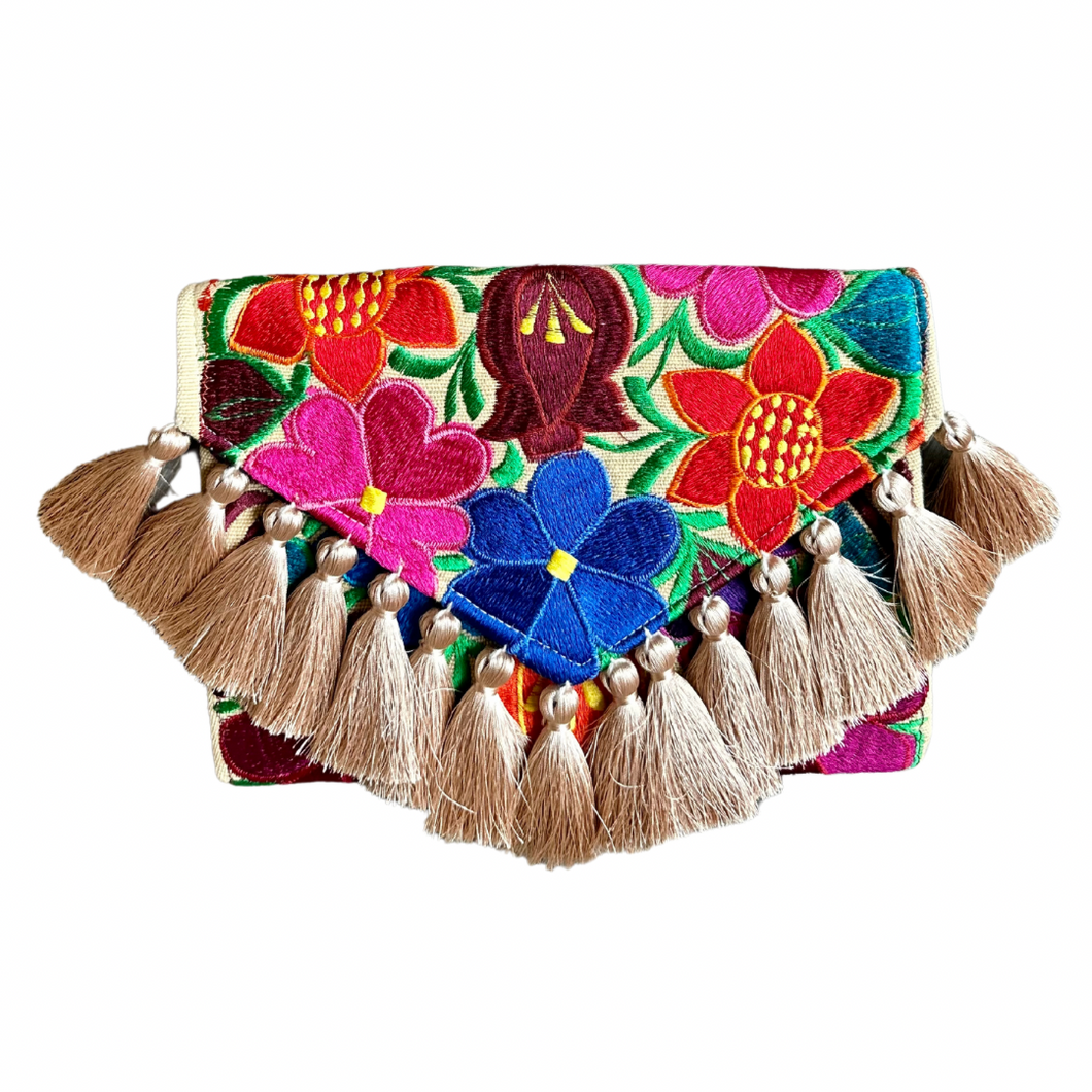 Embroidered Clutch - Luxe Tassels - Sand Multicolor