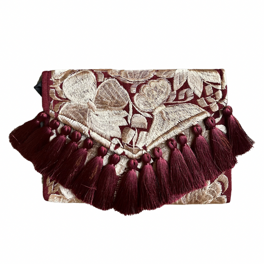 Embroidered Clutch - Luxe Tassels - Maroon + Sand