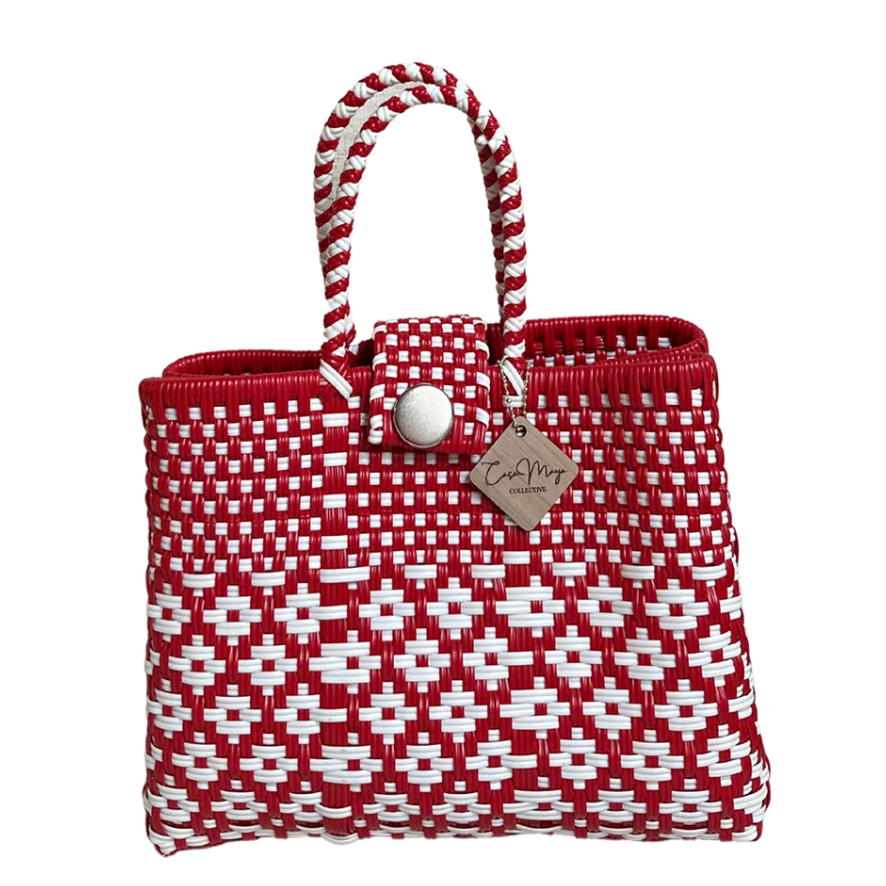 Mini Tote with Snaps - Red + White