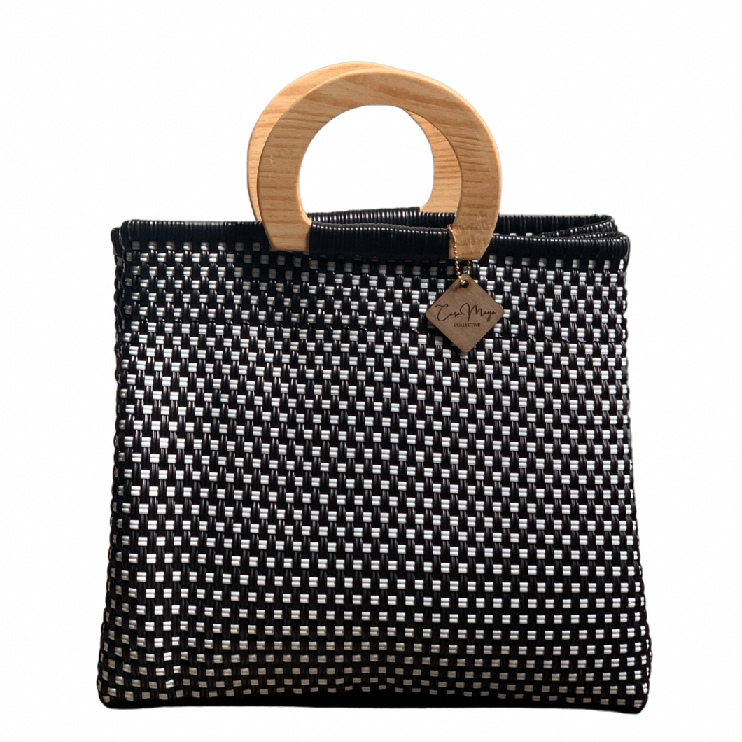Wooden Handle Tote - B + W