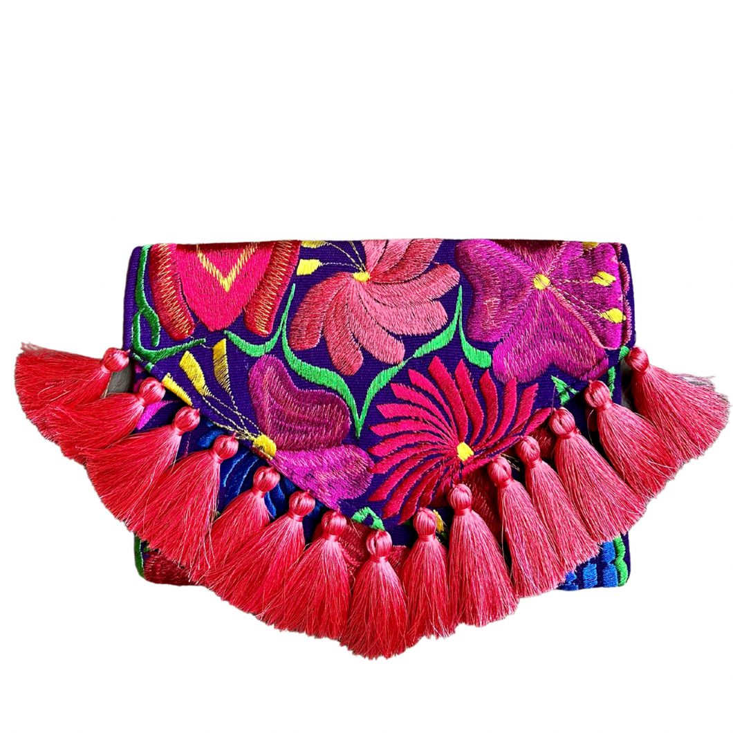 Embroidered Clutch - Luxe Tassels - Purple + Coral Multicolor