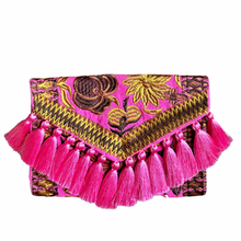 Load image into Gallery viewer, Embroidered Clutch - Luxe Tassels - Pink + Gold + Brown
