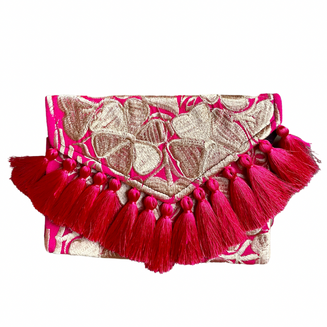 Embroidered Clutch - Luxe Tassels - Fuschia + Sand