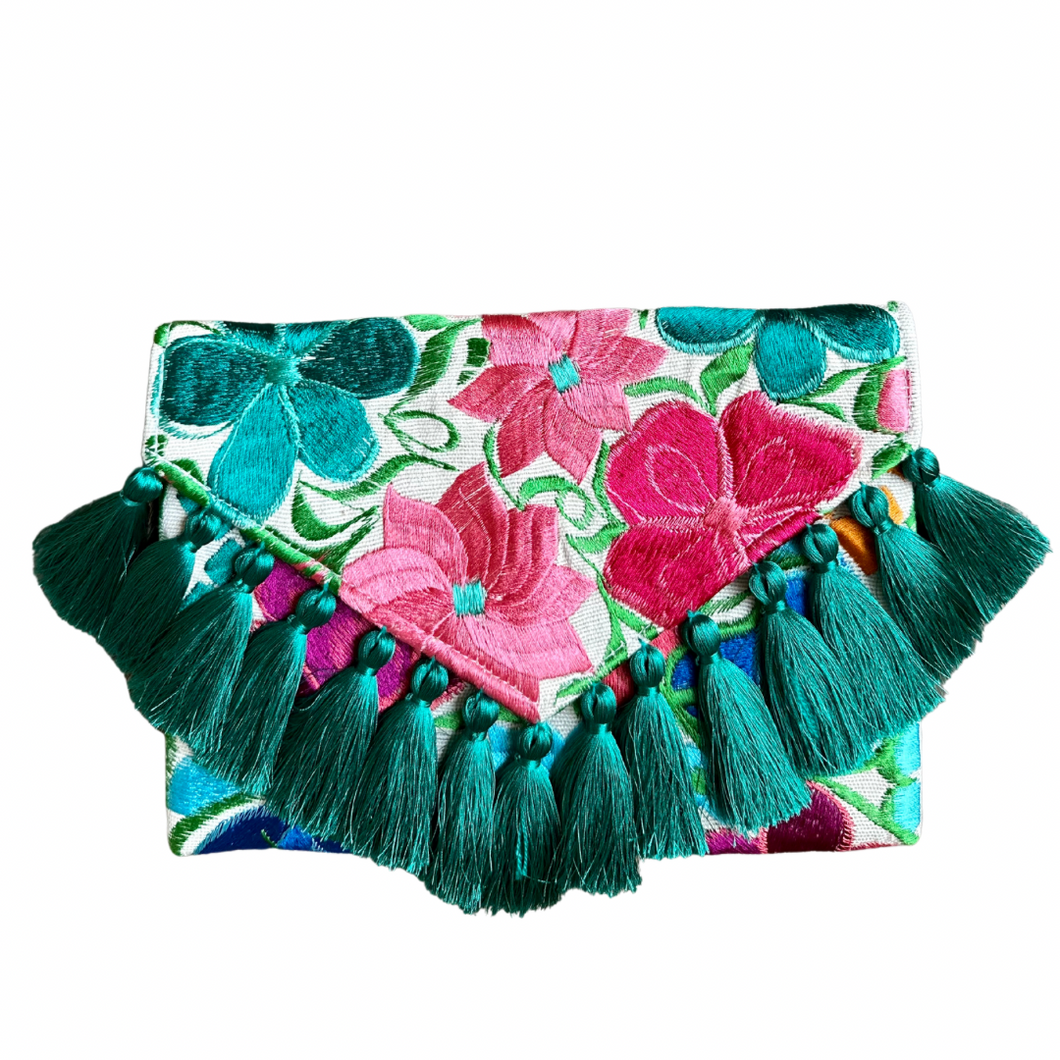 Embroidered Clutch - Luxe Tassels - White + Teal Multicolor