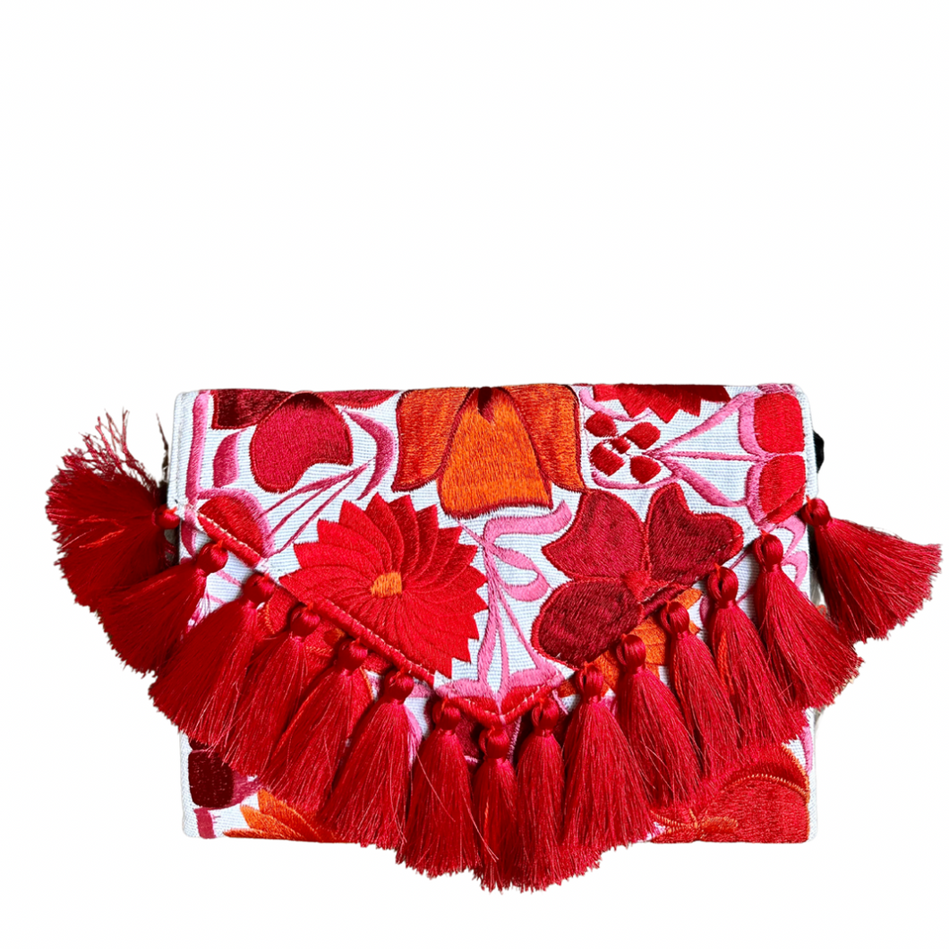 Embroidered Clutch - Luxe Tassels - White + Ruby Multicolor