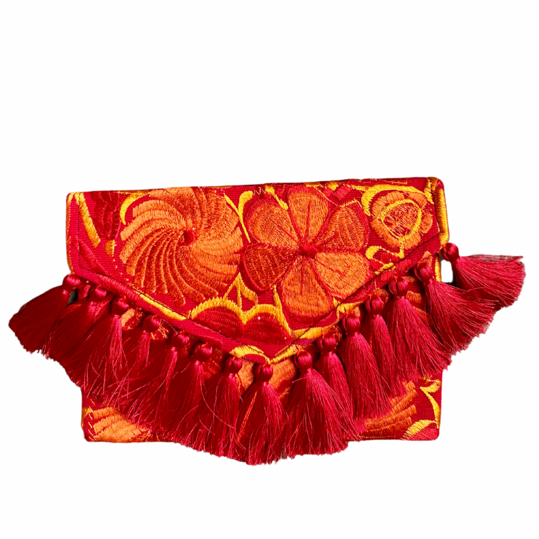 Embroidered Clutch - Luxe Tassels - Red + Orange