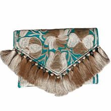 Load image into Gallery viewer, Embroidered Clutch - Luxe Tassels - Emerald + Sand
