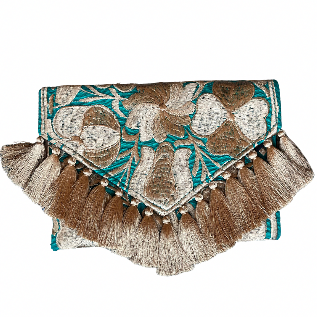 Embroidered Clutch - Luxe Tassels - Emerald + Sand