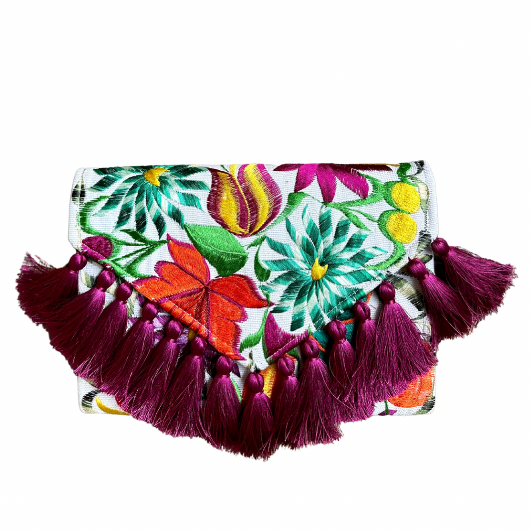 Embroidered Clutch - Luxe Tassels - White + Magenta Multicolor