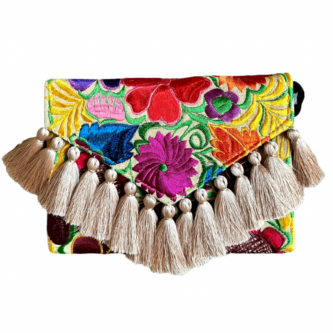 Embroidered Clutch - Luxe Tassels - Sand Multicolor