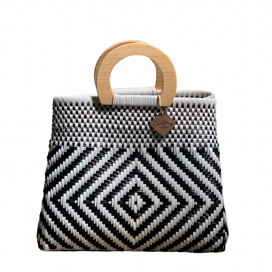 Wooden Handle Tote - B + W Frida