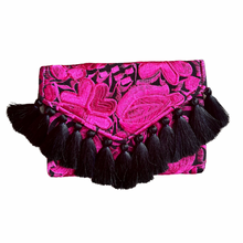 Load image into Gallery viewer, Embroidered Clutch - Luxe Tassels - Black + Hot Pink
