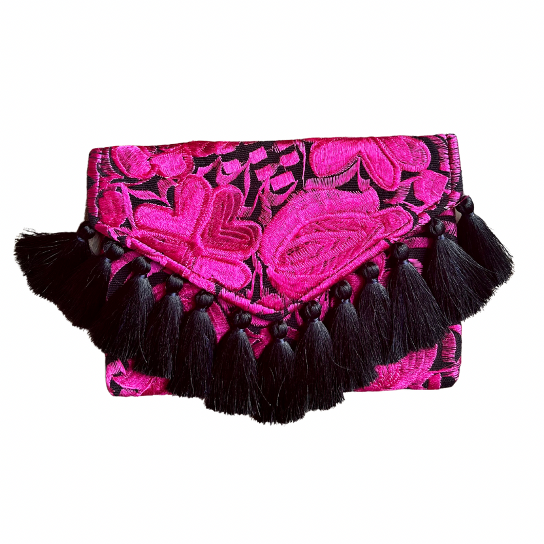 Embroidered Clutch - Luxe Tassels - Black + Hot Pink