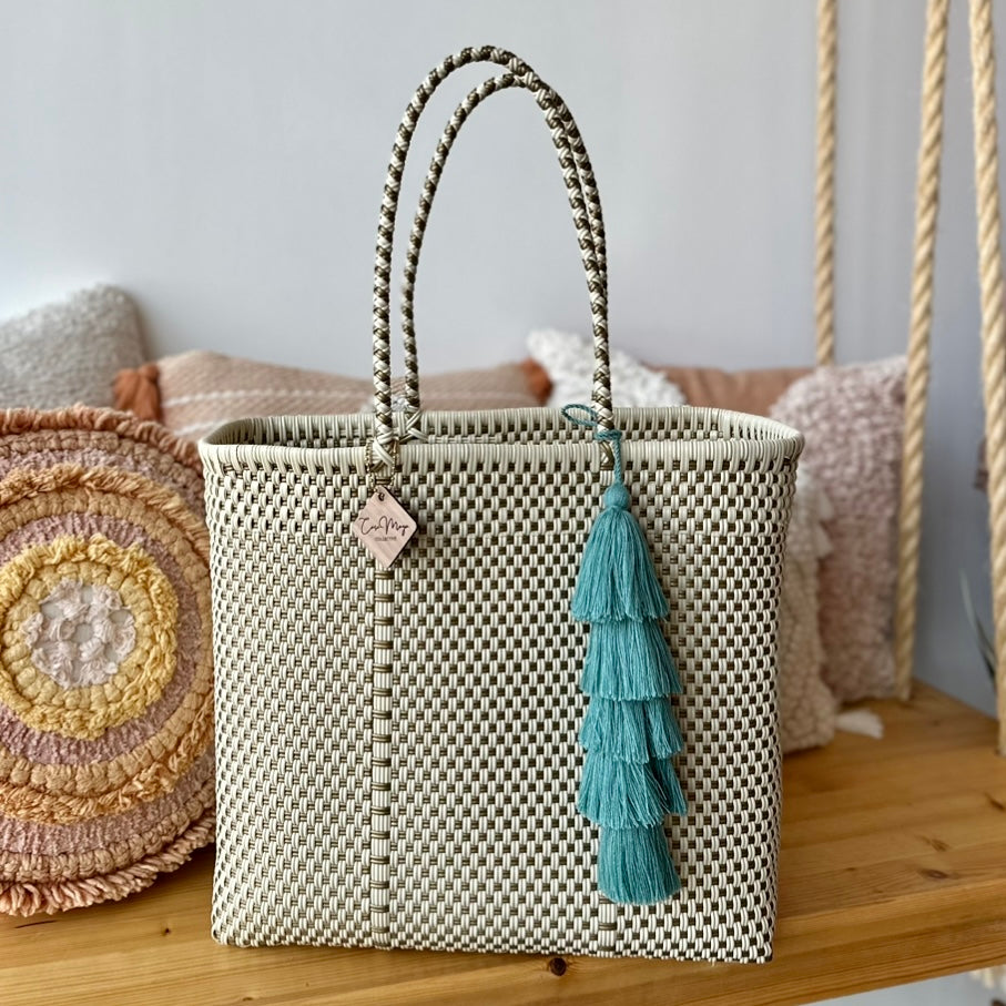 Large Tote - Ivory + Gold Checkers