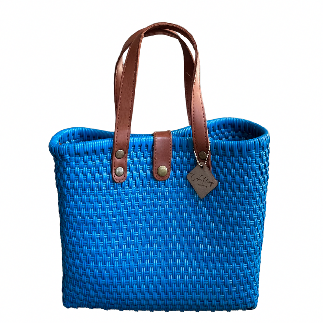 Leather Handles Tote - Blue