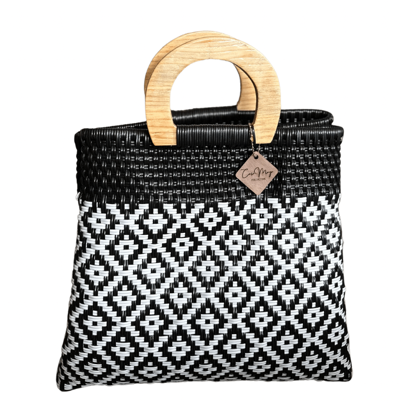 Wooden Handle Tote - B + W