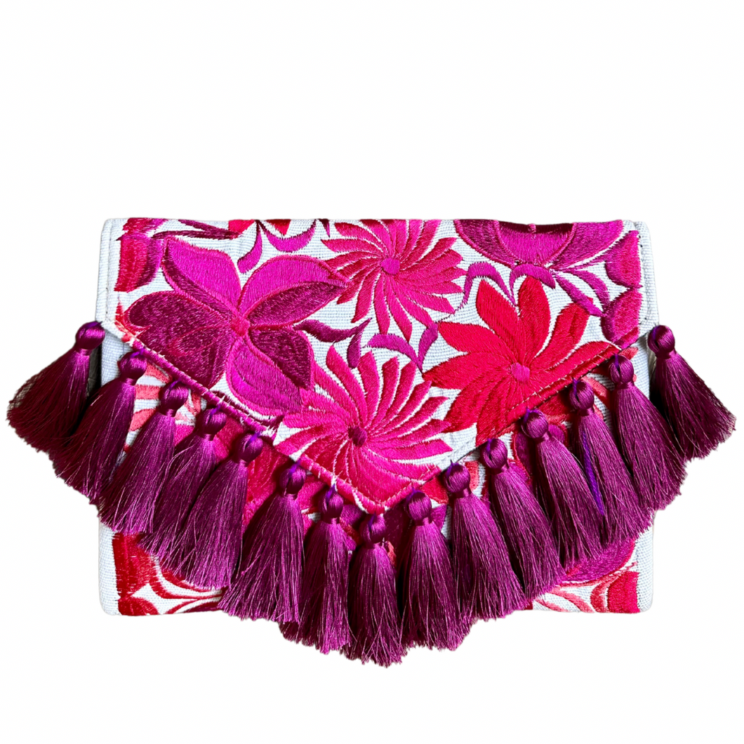 Embroidered Clutch - Luxe Tassels - White + Magenta Multicolor